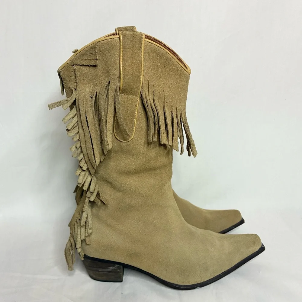 Vintage Suede Fringe Western Bohemian Cowboy Boots - Picture 2 of 12